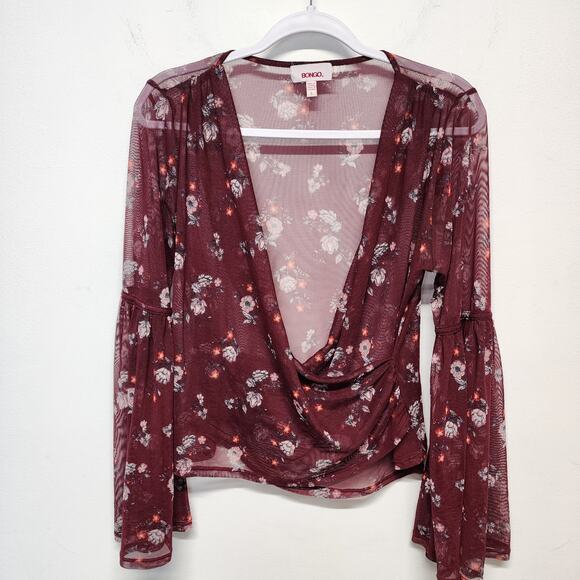 Bongo Mesh Flare Sleeve Blouse Top Size L Plum Wrap Front Boho Y2K Whimsigoth - Picture 11 of 12